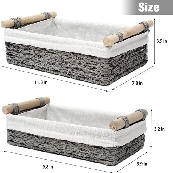 Set OF 2 Paper Rope Wicker Storage Basket with Handles Decorative Storage Bins - Picture 7 of 8